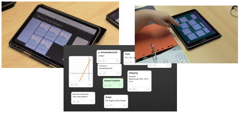 In der Tischmitte Liegt ein i-Pad auf dem Padlet geöffnet ist. In Padlet sind unterschiedliche Beiträge von Studierenden zu erkennen z.B. zu Funktionsgleichungen und Funktionsgraphen. Ein Studierender zeigt auf einen der Beiträge.